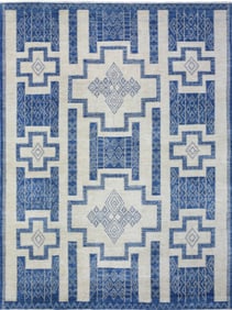 Hand Knotted Organic Wool Ivory and Denim Blue Peshawar Oriental Carpet