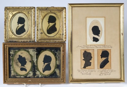 Four Framed New England Cut Paper and Watercolor Silhouettes, 19th Century
