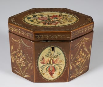 Paint Decorated Wood Tea Caddy, 18th - 19th Century
