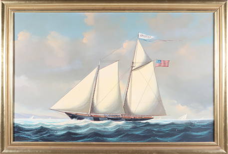 Salvatore Colacicco Oil on Board "Two Mast Sailing Sloop": Salvatore Colacicco (Italian b. 1935) Oil on Board "Two Mast Sailing Sloop" , signed lower left Salvatore Colacicco in molded gilt frame 23 in. x 35 in. Framed 27.5 in. x 40 in.