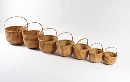 Rare Nest of Seven Ferdinand Sylvaro Nantucket Lightship Baskets, circa 1930s