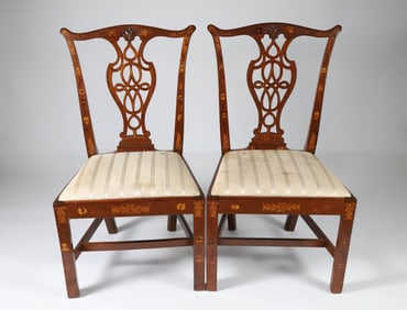 Pair of Honduras Mahogany Inlaid Chippendale Side Chairs, late 18th - early 19th Century