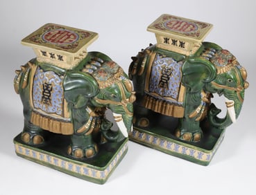 Pair of Vintage Ceramic and Painted Caparison Decorated Elephant Garden Stools