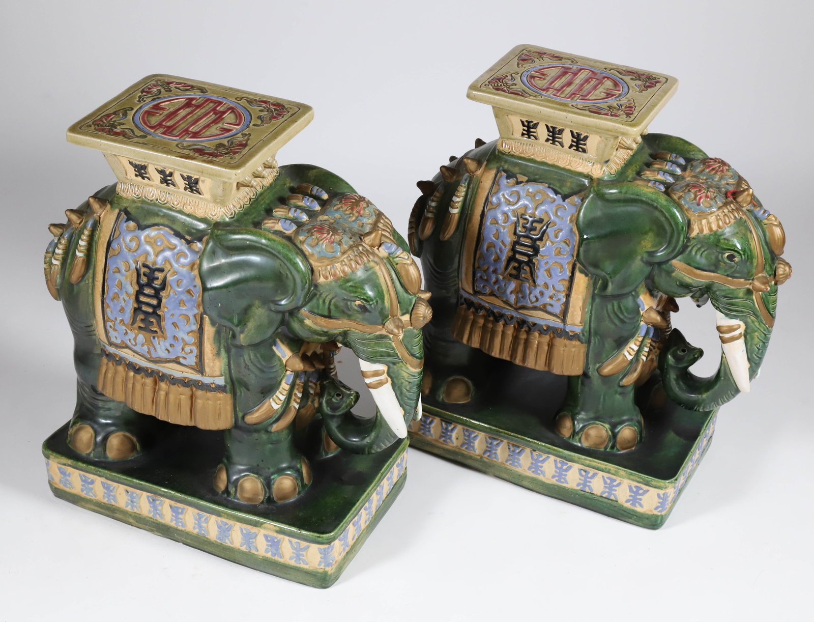 Pair of Vintage Ceramic and Painted Caparison Decorated Elephant Garden Stools (1 of 8)