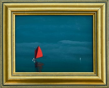 Robert Stark Jr. Oil on Canvas "Lone Red Sail on Calm Waters"