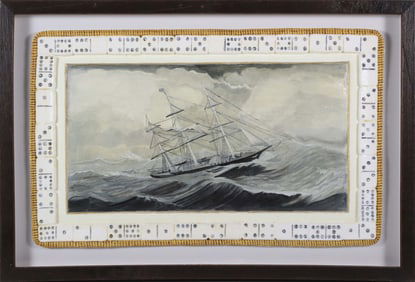 Mellie Cooper Acrylic Painting "Clipper Ship" on Hand Cast and Assembled Paper Domino Border