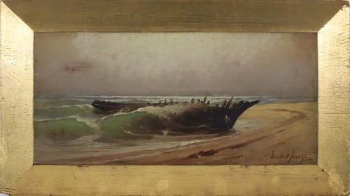 Wendell Macy Oil on Wood Door Panel "Washashore Shipwreck", circa 1886