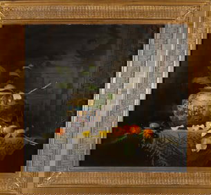 Eleanor Moore Oil On Canvas Tabletop Fruit Still Life with Jardiniere