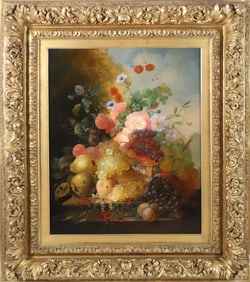 Jan Van Der Waarden Oil on Canvas "Still Life with Fruit and Flowers"
