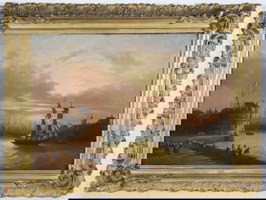 Continental School French Oil on Canvas "Busy Harbor Scene", 19th Century