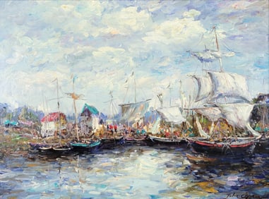 John Clymer (British - American B. 1932) Oil on Canvas Impressionist Harbor Scene