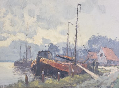 Impressionist Oil on Board Painting Coastal Boat Yard