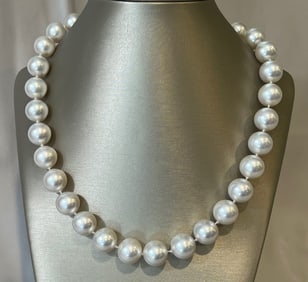 Very Fine 13mm x 13.9mm White South Sea Pearl Necklace, 14k Gold and Diamond Clasp
