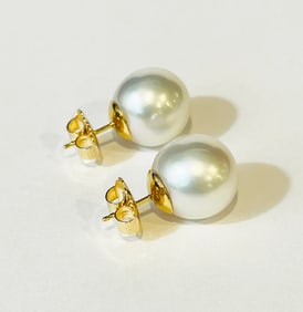 Fine Pair of 14mm White South Sea Pearl Stud Earrings, 14k Gold