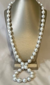 Fine 12.8mm x 15.9mm White Baroque South Sea Pearl Necklace, 14k Gold and Diamond Clasp