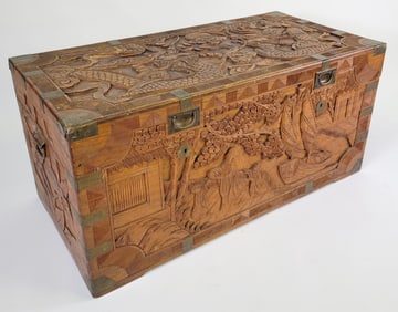 19th Century Chinese Export Carved Camphorwood Partner's Trunk,