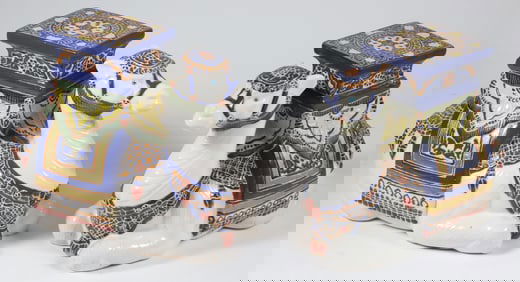 Pair of Vintage Polychrome Glazed Oriental Camel Garden Stools or Plant Stands