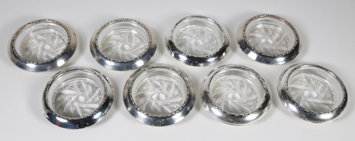 Set of Eight Sterling Silver and Crystal Coasters