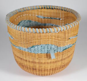 Contemporary Round Open Nantucket Basket with Unique Suede Weavings in the form of Whales, Waves and