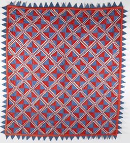 Antique Patriotic Red, White, and Blue Patchwork Quilt with Sawtooth Border