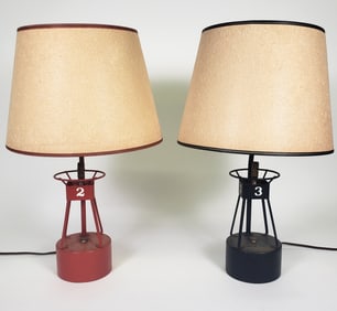 Pair of Vintage Nautical Painted Decorated Metal Harbor Buoy Lamps, Mid 20th Century