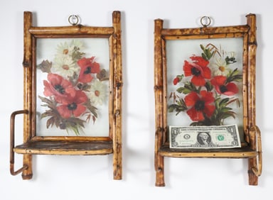 Pair of Bamboo and Floral Painted Hanging Glass Shelves, 19th Century