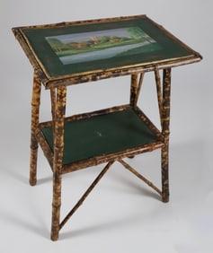 Antique "Tortoiseshell" Bamboo Two-Tier Stand with Landscape Painted Top