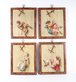 Set of Four Trompe l'oeil Oils on Canvas "Marionettes", 19th Century
