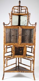 Edwardian "Tortoise" Bamboo Lacquered Corner Display Cabinet, circa 1890-1910