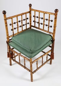 Antique "Tortoiseshell" Bamboo Corner Chair with Green Upholstered Seat and Cushions