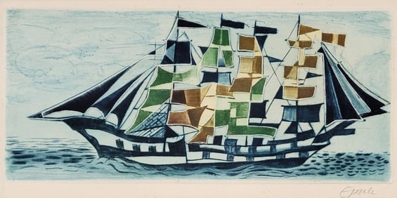 Whimsical Mid Century Modern Nautical Sailing Ship Engraving