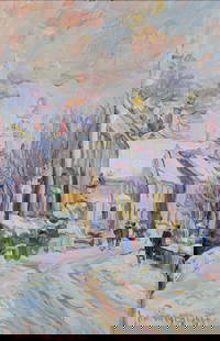 Jan Pawlowski Oil on Canvas View of the Unitarian Church From Orange Street Nantucket: Jan Pawlowski Oil on Canvas "View of the Unitarian Church From Orange Street Nantucket", signed lower left Jan Pawlowskik in silver gilt molded frame 8 in. x 12 in. Framed 17 in. x 13 in.