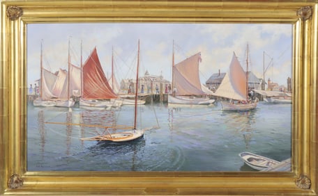Gerald E. Fellows Oil on Linen "Nantucket Catboat Basin"