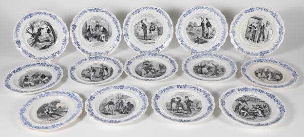 Set of Fourteen Creilet Montereau "Terre de Fer" France Humorist Plates