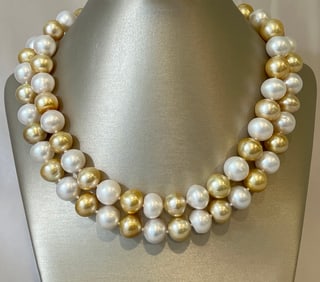 Fine 12.0mm x 14.3mm White and Natural Gold South Sea Pearl Necklace, 14k Gold and Diamond Clasp