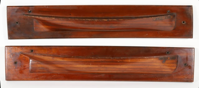 Pair of Vintage Multi-Lift Wooden Half Hulls "Blue Bird" and "New..." Mounted on Wood Plaques