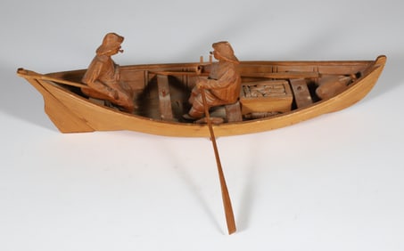 Vintage Wood Carving of Two Old Salt Fishermen in a Dinghy