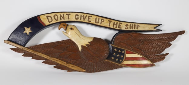 Carved and Painted Spread Winged Eagle Plaque "Don't Give Up The Ship"