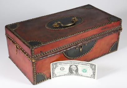 Tooled Leather and Brass Studded Document Box, 19th Century