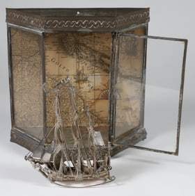 English Silver Miniature Spanish Ship in a Mexican Tin Glass Case