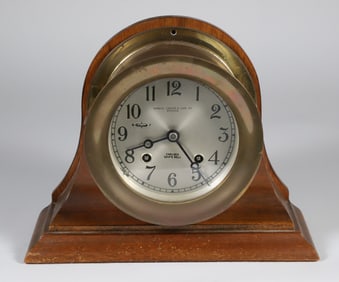 Vintage Chelsea Brass Ship's Bell Clock in Mahogany Housing