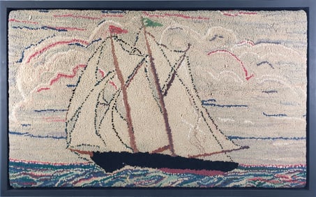 Antique Pictorial Schooner Hooked Rug