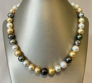 10.0mm x 12.2mm Multi-color South Sea Pearl Graduated Necklace in Shades of White, Gold , Silver,