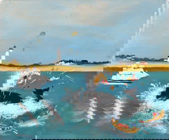 Charlie Munro Oil on Board "Contemporary Whaling Scene"