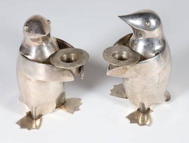 Pair of Art Deco Style Decorative Penguin Steel Candlesticks