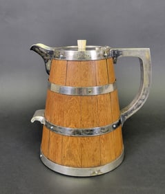 Antique 19th C. English Oak & Silver Mounted Barrel Pitcher