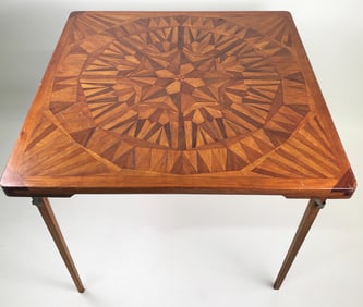 Vintage Multi Wood Geometric Inlaid Folding Card Table