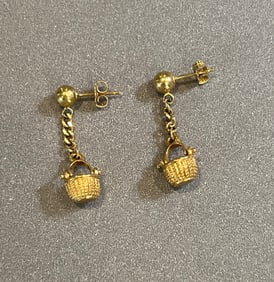 Pair of Signed Glenaan Elliot Miniature Nantucket Basket Gold Earrings