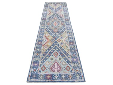 Hand Knotted Denim Blue Wool Anatolian Village Inspired Oriental Runner