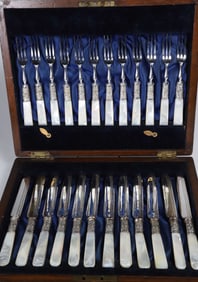 Boxed Set of Twelve Mother of Pearl Handle Fruit Knives and Forks